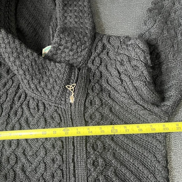 Aran Crafts Ireland 100% Merino Wool Side Zip Hooded Cable Knit Cardigan Black M - Picture 9 of 10